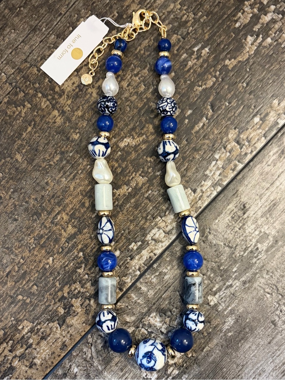True to Form Blue Porcelain & Pearl Beaded Necklace with Gold Accents NWT
